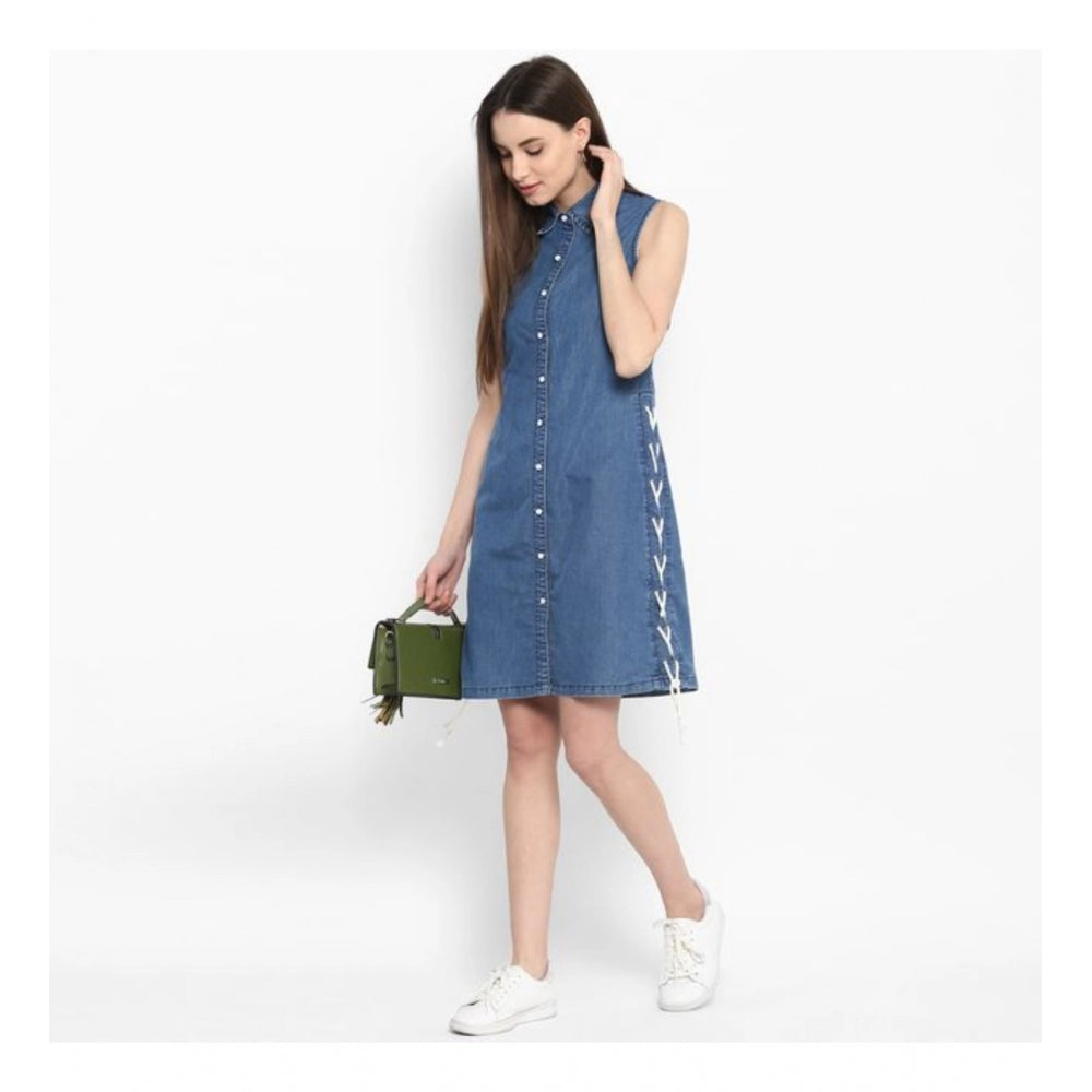 Glorious Denim Solid Sleeveless Above Knee Dress