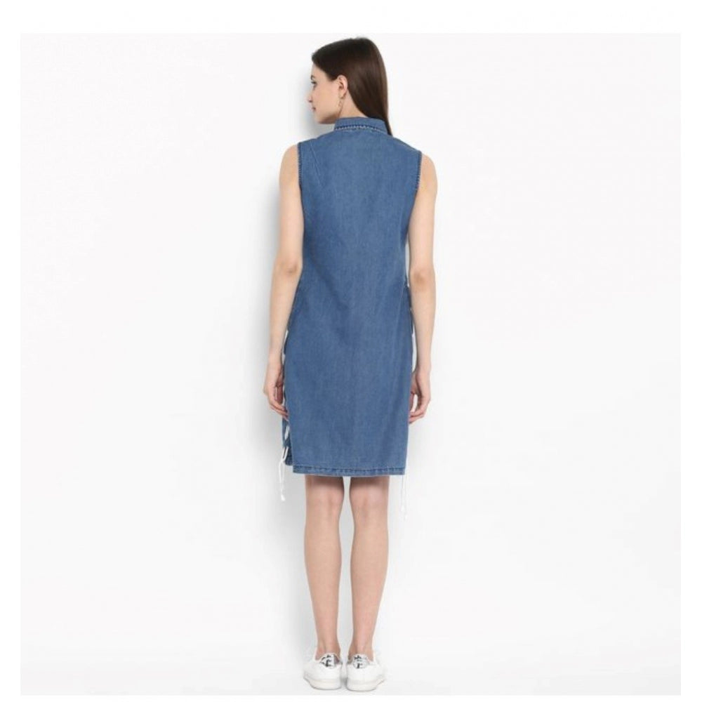 Glorious Denim Solid Sleeveless Above Knee Dress