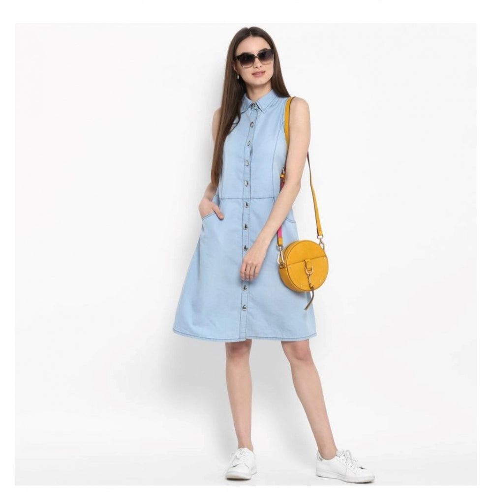 Glorious Denim Solid Sleeveless Below Knee Dress