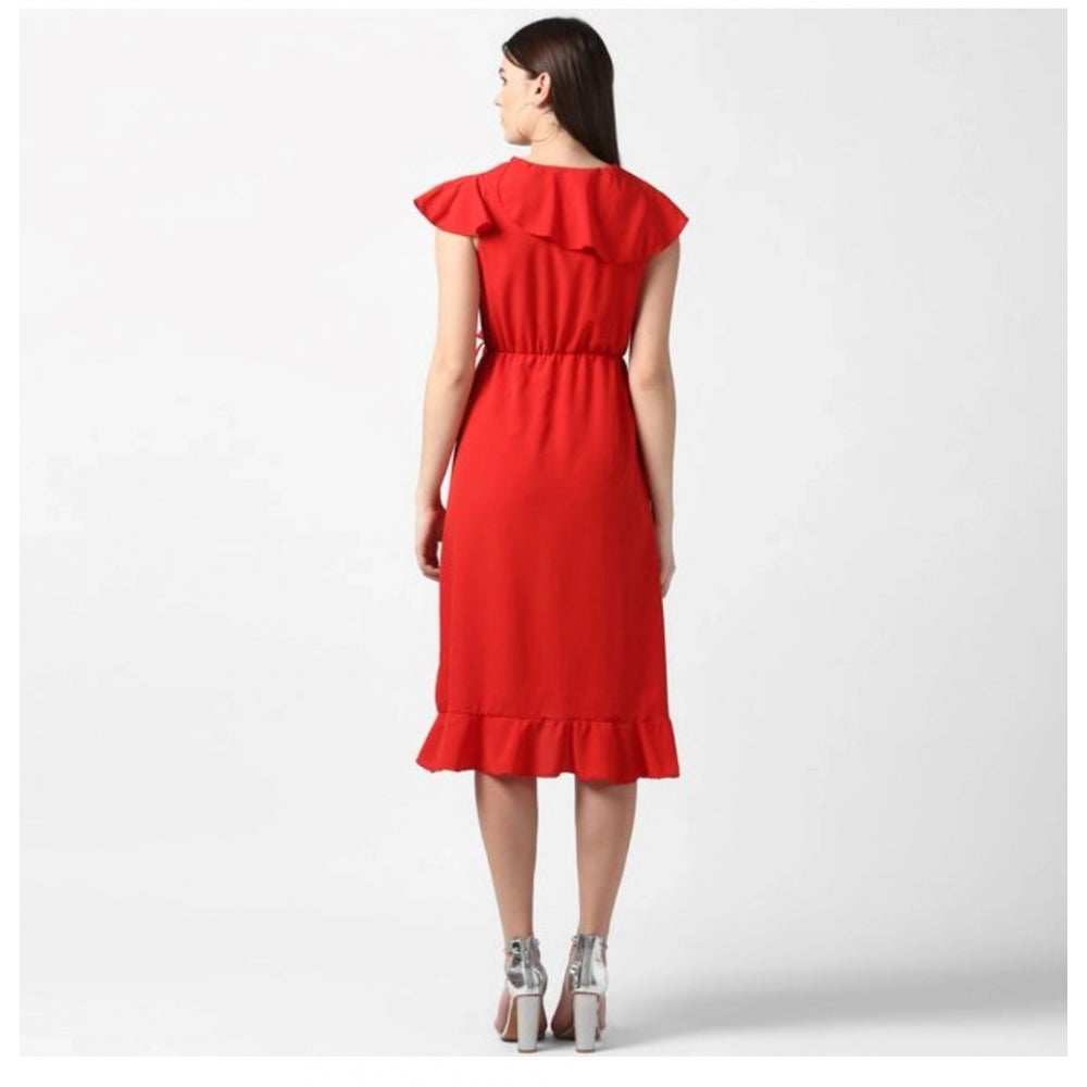 Luxurious Polyester Ruffled Cap Sleeve Knee Length Dress