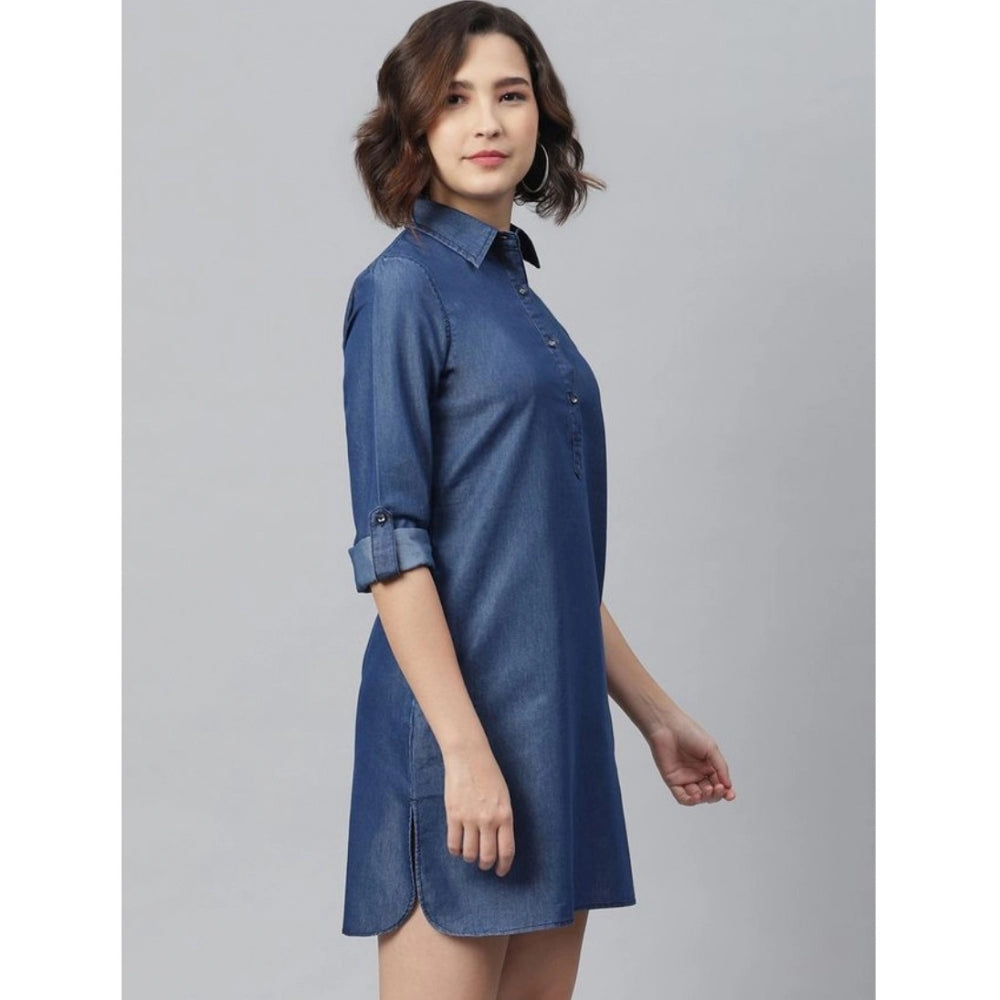 Glorious Denim Solid Long Sleeves Above Knee Dress