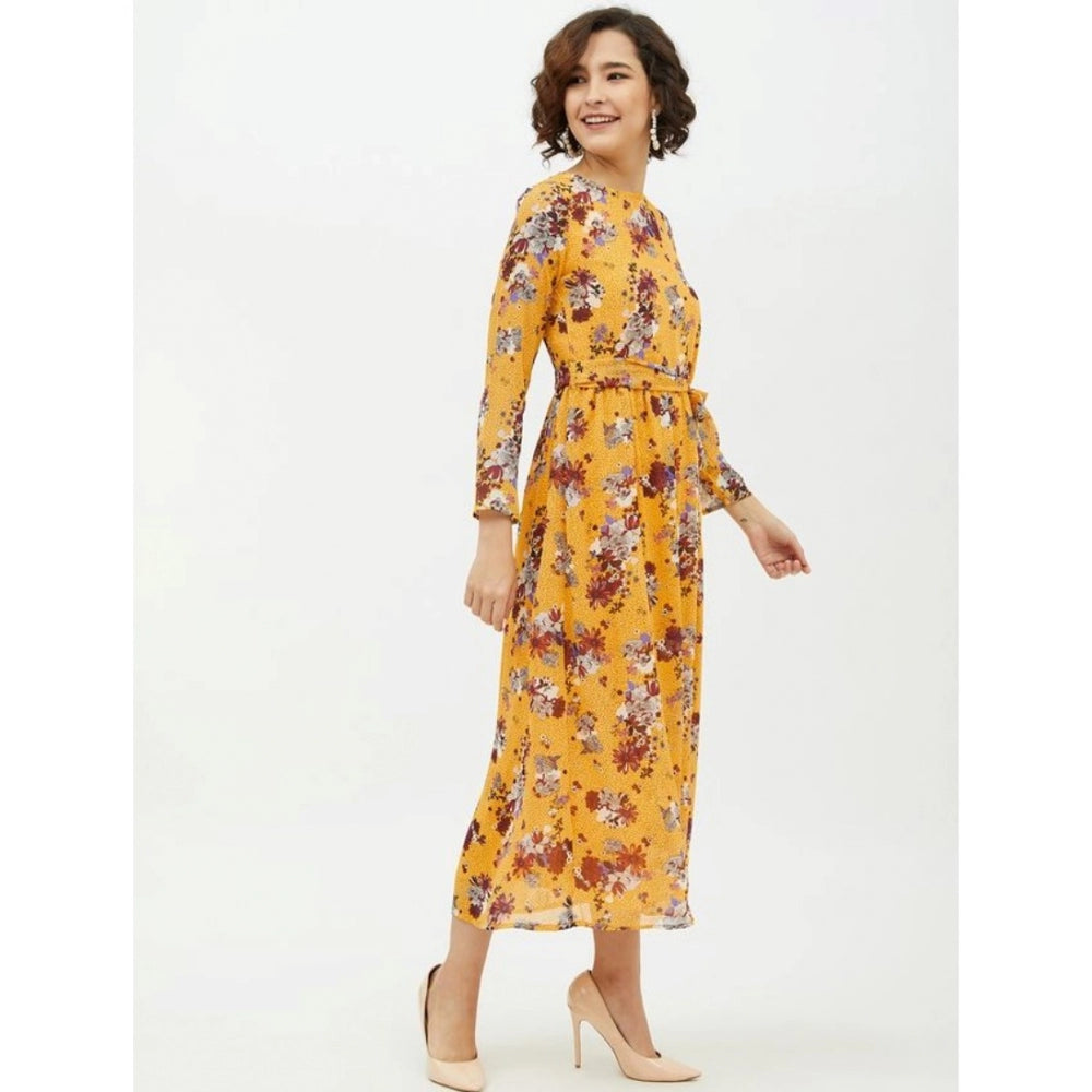 Sophisticated Polyester Floral Long Sleeves Calf length Dress