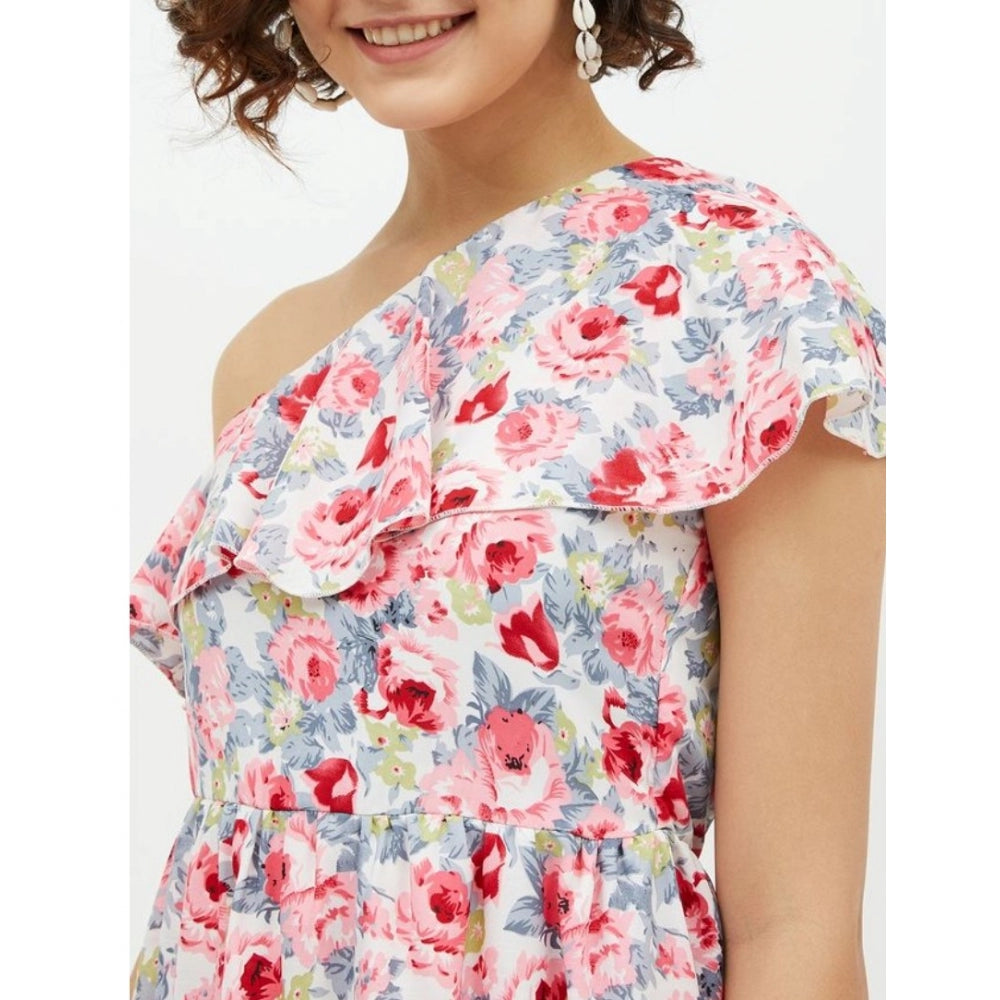 Appealing Polyester Floral One Shoulder Calf length Dress