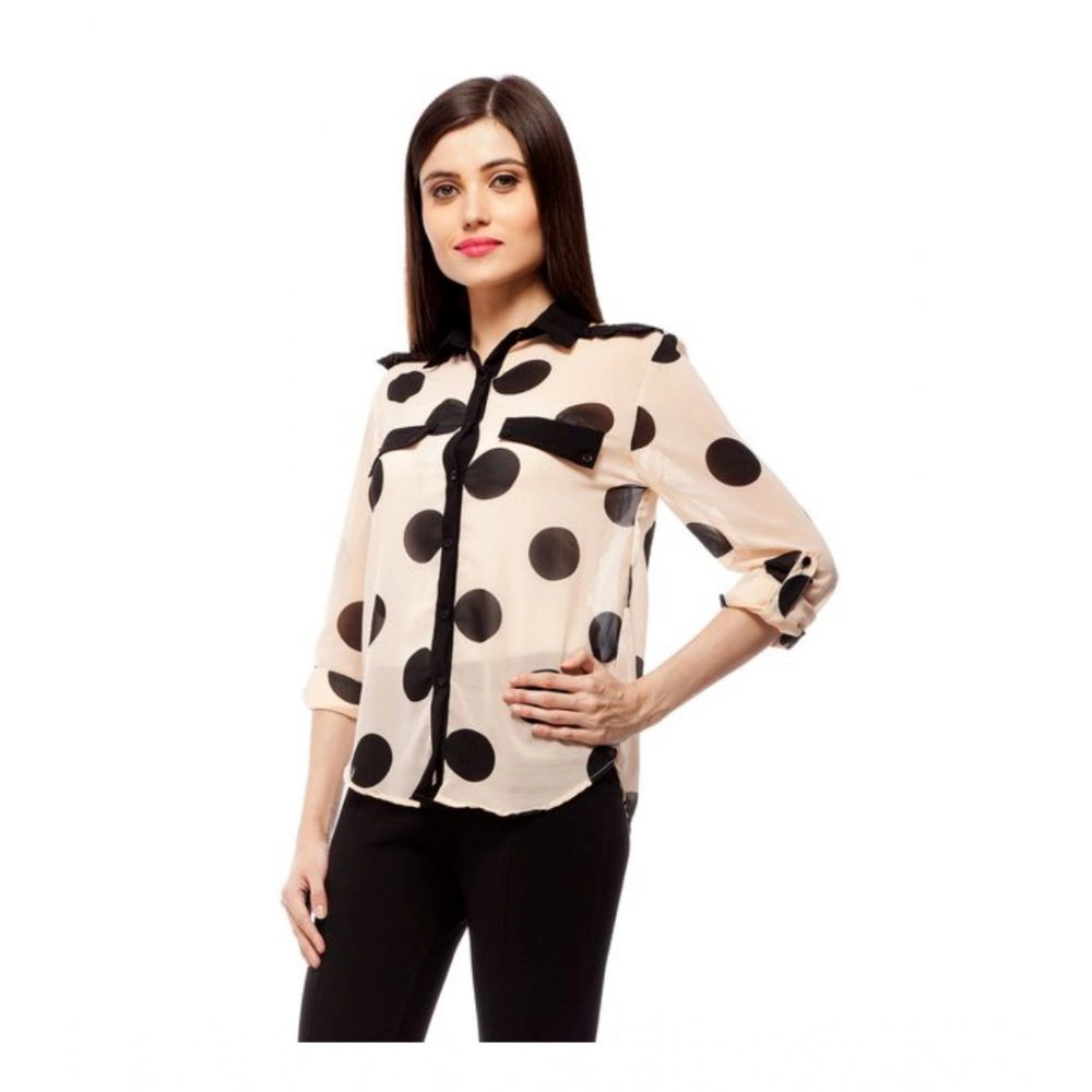 Dashing Polyester Polka Roll Up Sleeve Standard Length Shirt