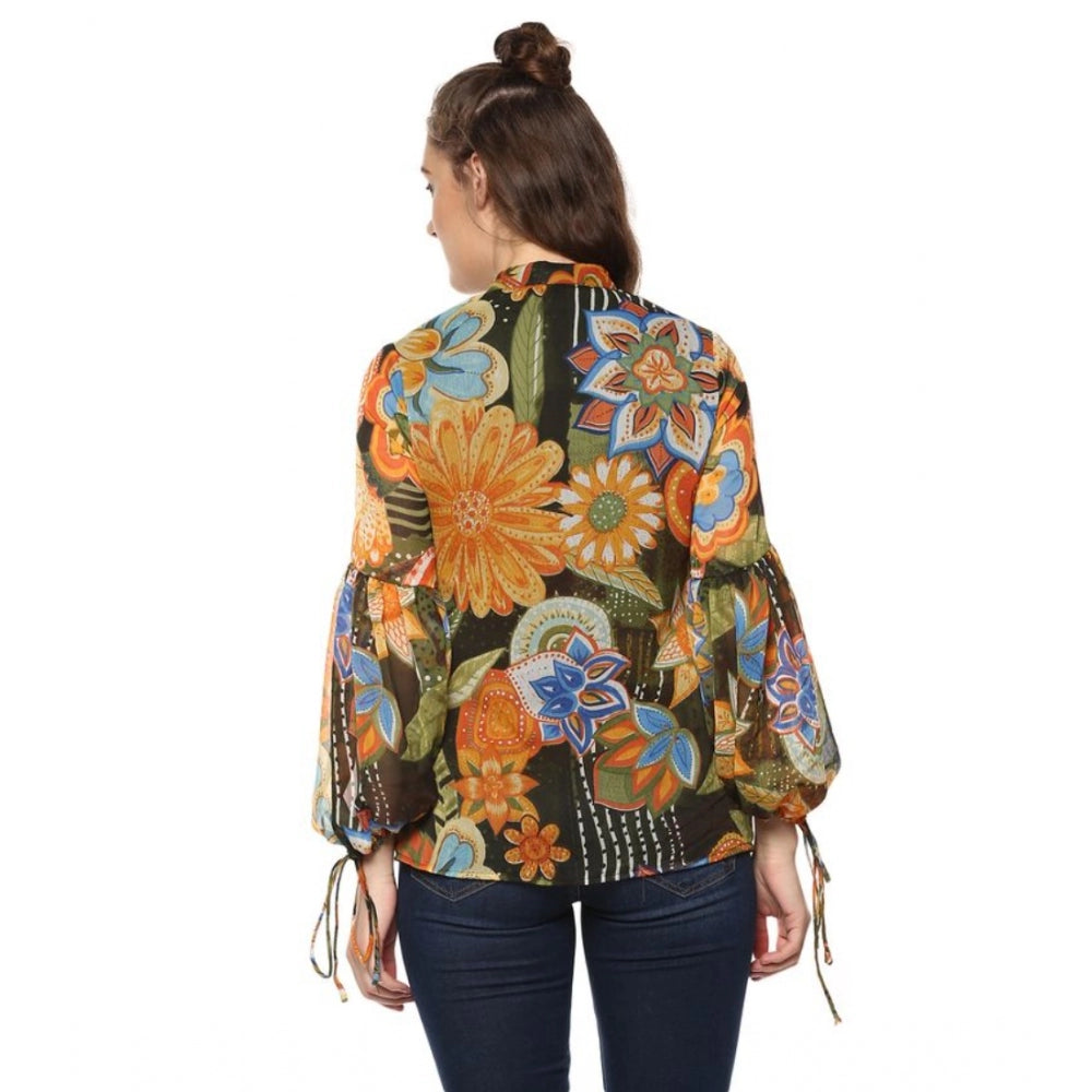 Sophisticated Polyester Floral Balloon Sleeve Top