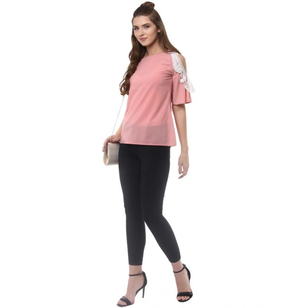 Appealing Polyester Lace Inserts Half Sleeve Top