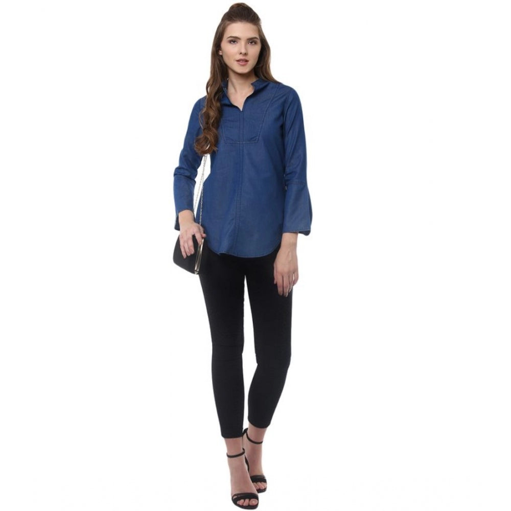 Superb Denim Solid Bell Sleeve Regular Top