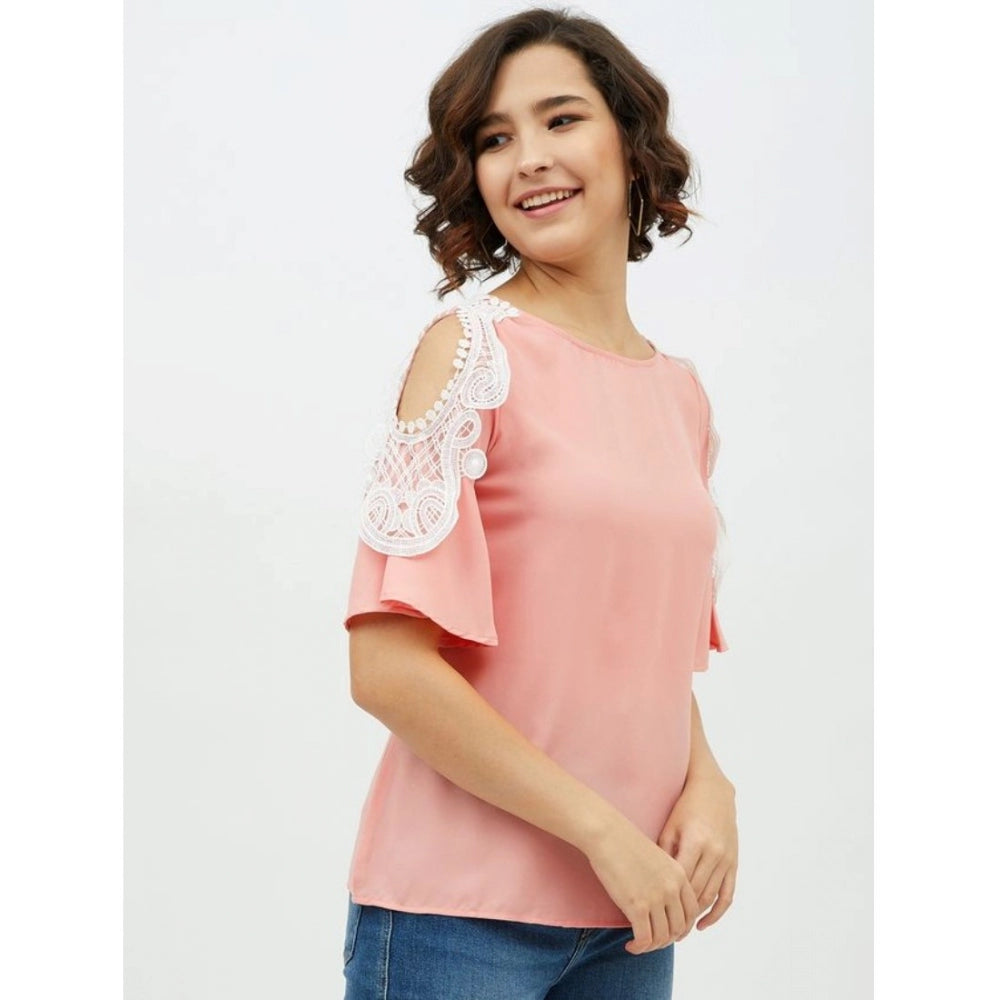 Appealing Polyester Lace Inserts Cold Shoulder Top