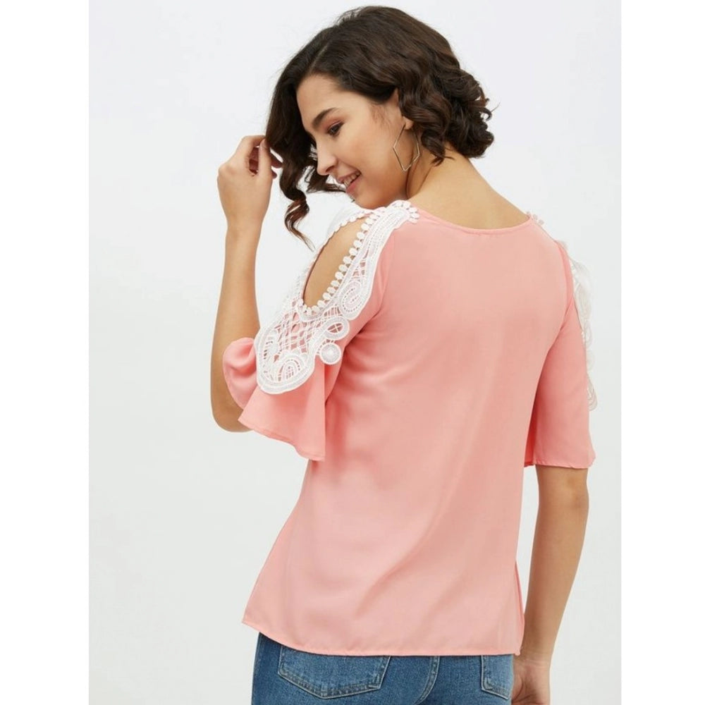 Appealing Polyester Lace Inserts Cold Shoulder Top