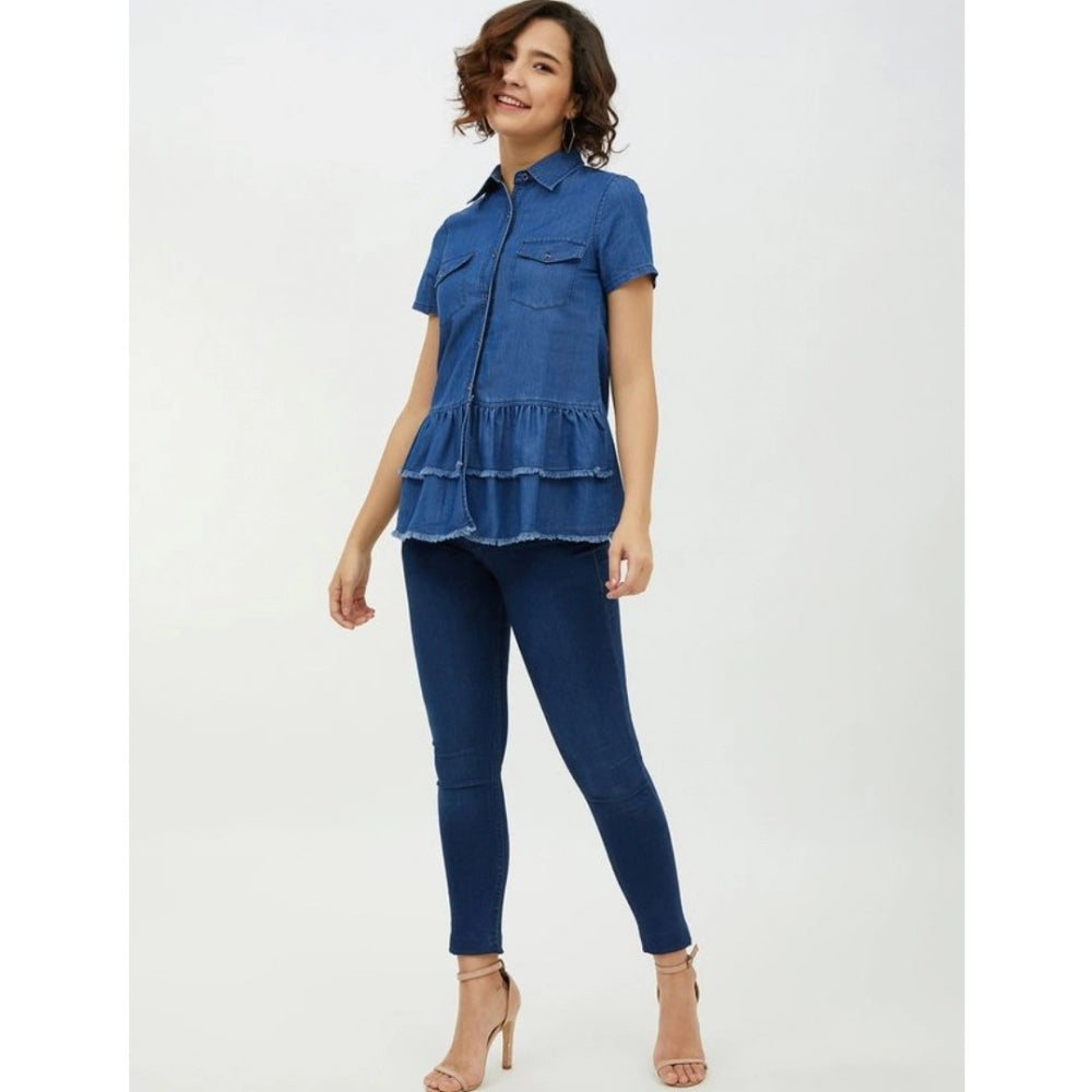 Superb Denim Peplum Short Sleeve Top