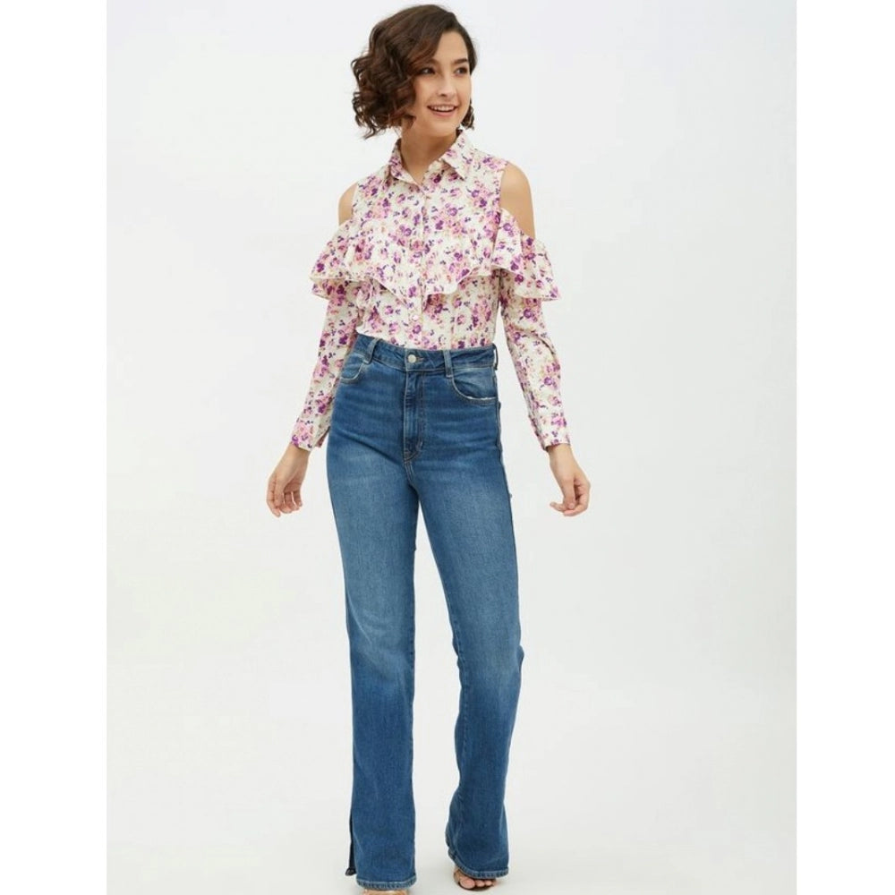 Sophisticated Polyester Floral Cold Shoulder Standard Length Shirt