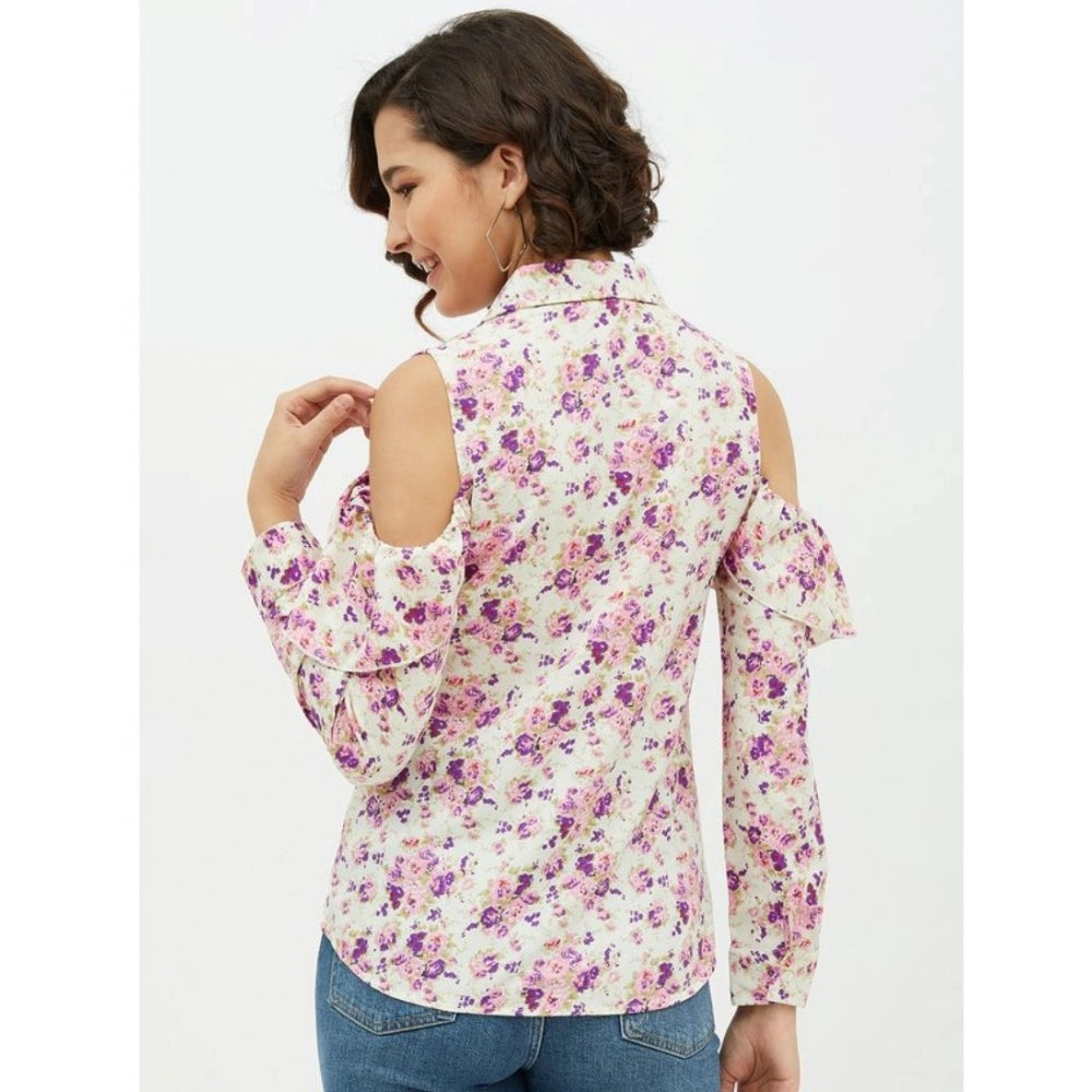 Sophisticated Polyester Floral Cold Shoulder Standard Length Shirt