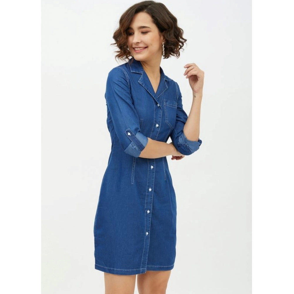 Glorious Denim Solid Long Sleeves Above Knee Dress