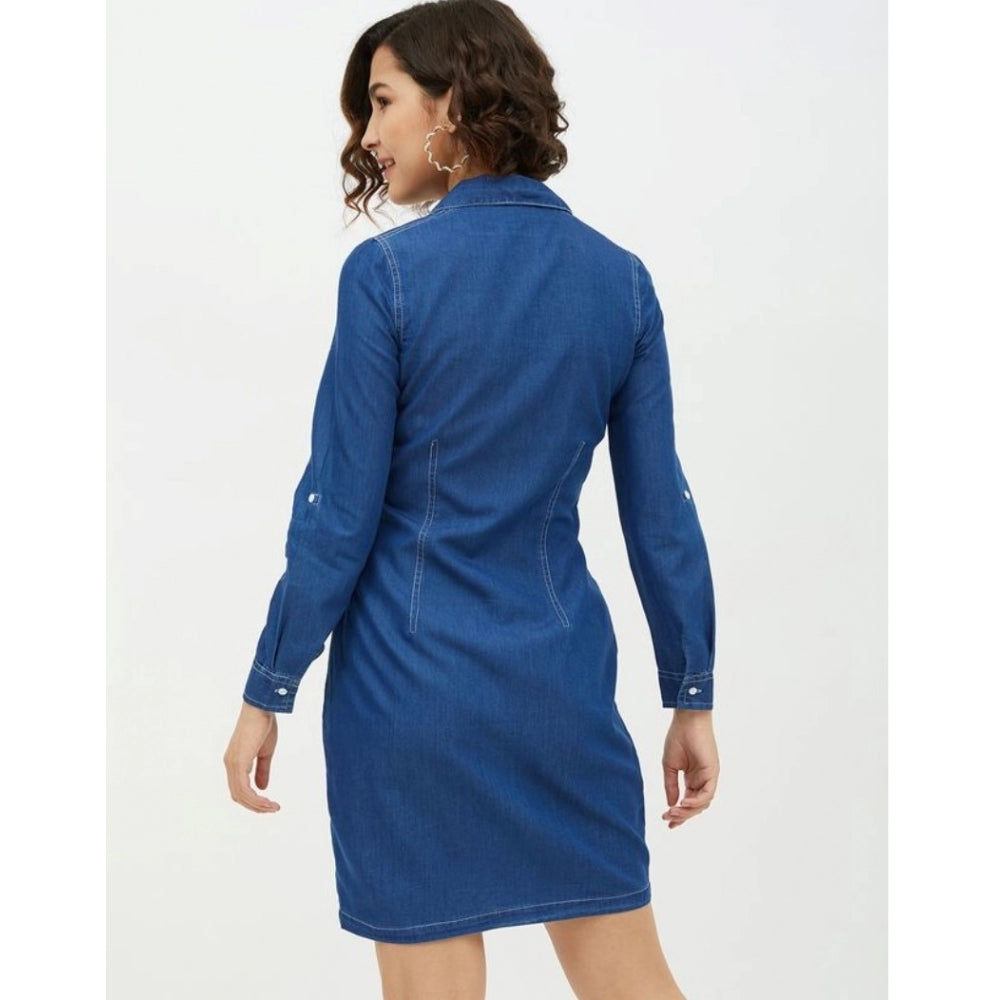 Glorious Denim Solid Long Sleeves Above Knee Dress