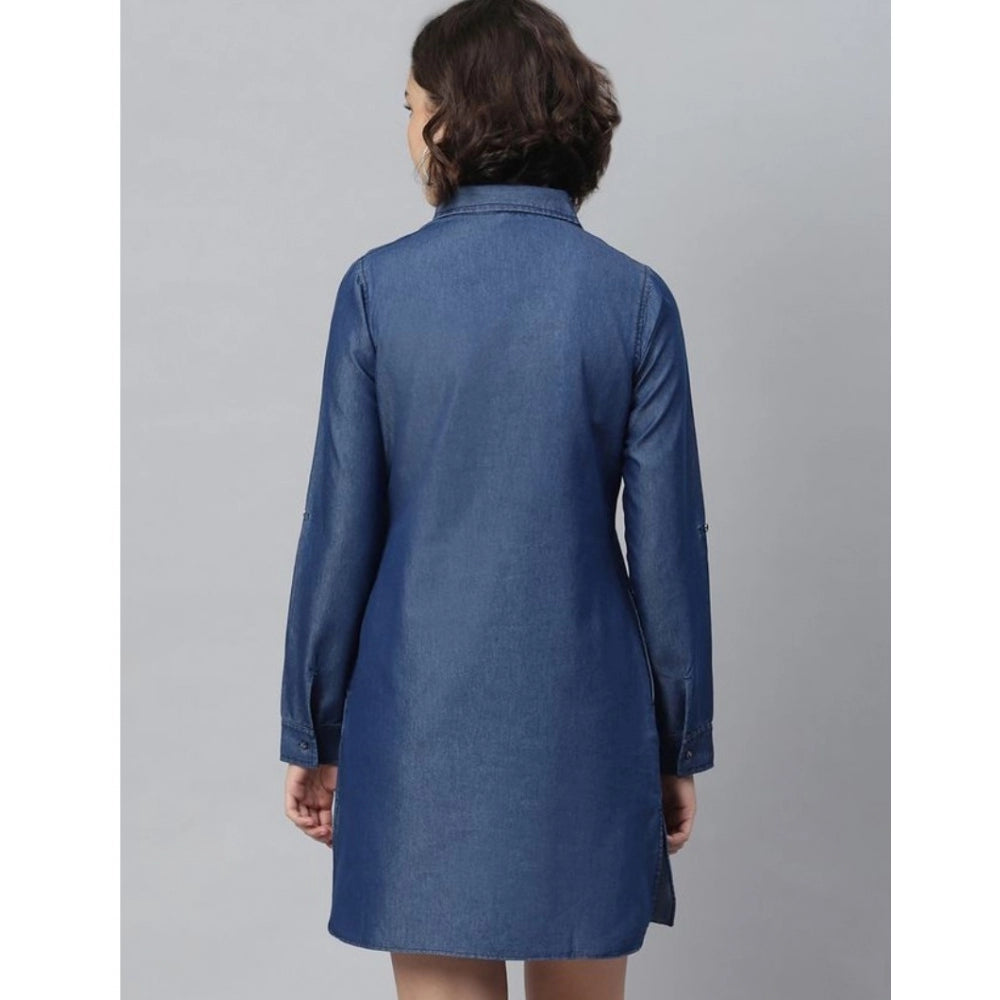 Glorious Denim Solid Long Sleeves Above Knee Dress