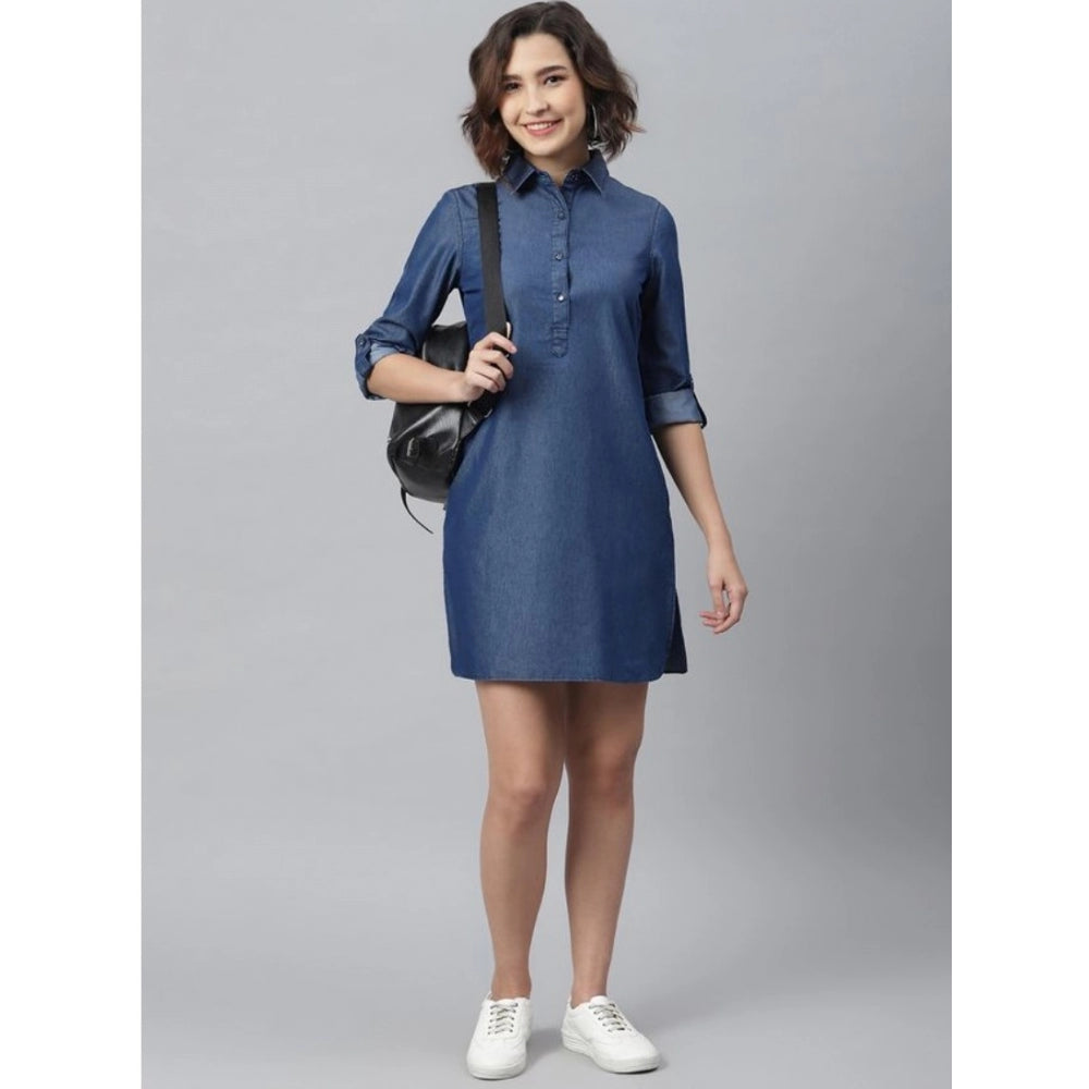 Glorious Denim Solid Long Sleeves Above Knee Dress