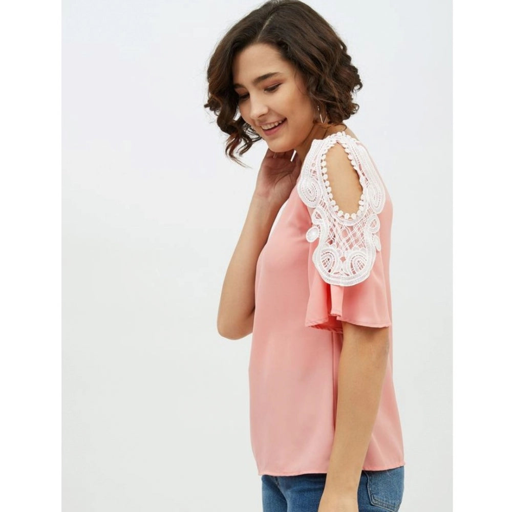 Appealing Polyester Lace Inserts Cold Shoulder Top