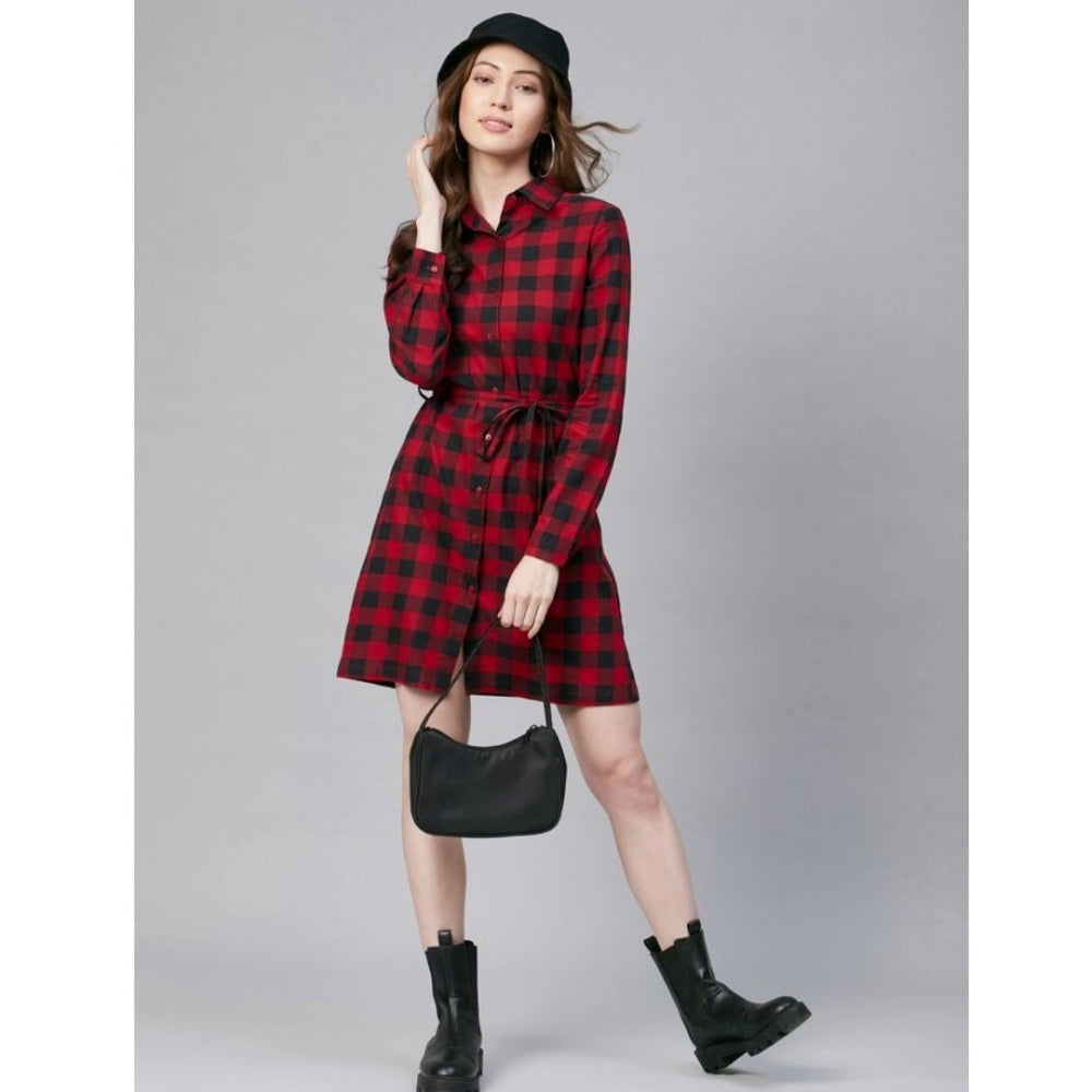 Fantastic Cotton Checkered Long Sleeves Above Knee Dress