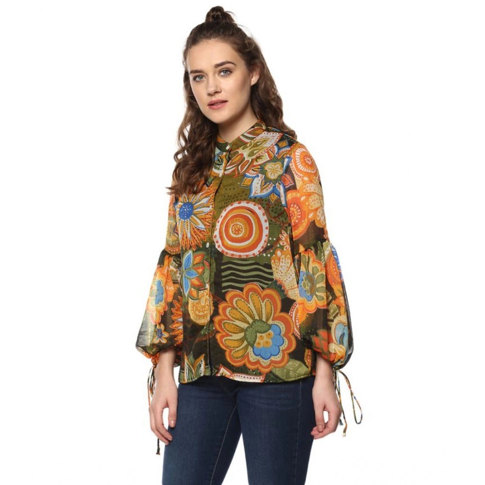 Sophisticated Polyester Floral Balloon Sleeve Top