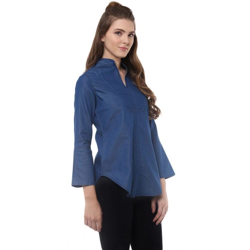 Superb Denim Solid Bell Sleeve Regular Top