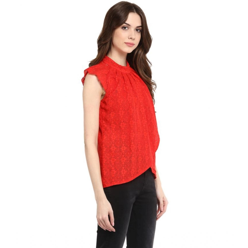 Fantastic Cotton Lace Embellished Cap Sleeve Regular Top