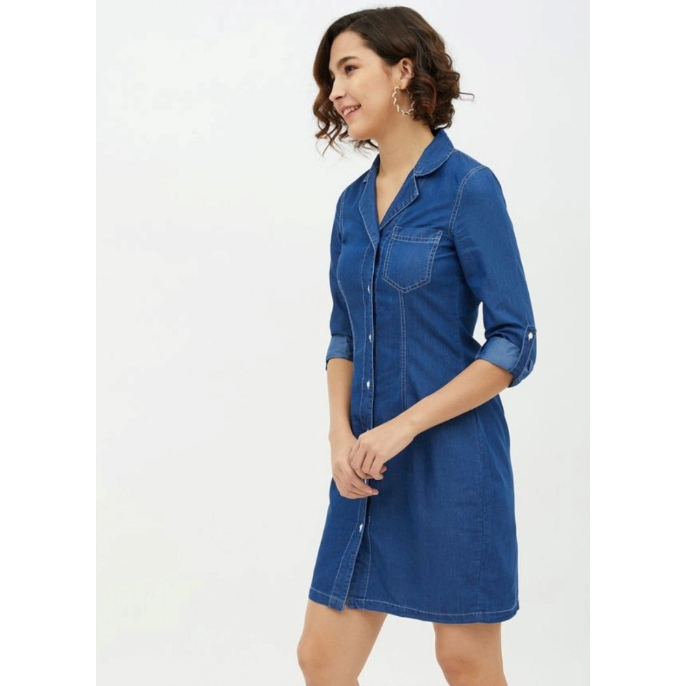 Glorious Denim Solid Long Sleeves Above Knee Dress