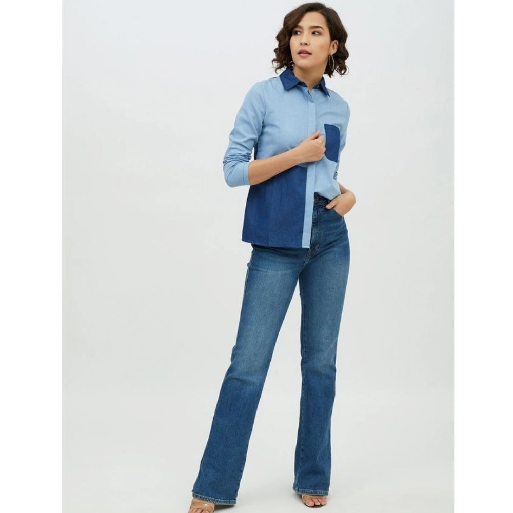 Fabulous Denim Patch Work Long Sleeves Standard Length Shirt