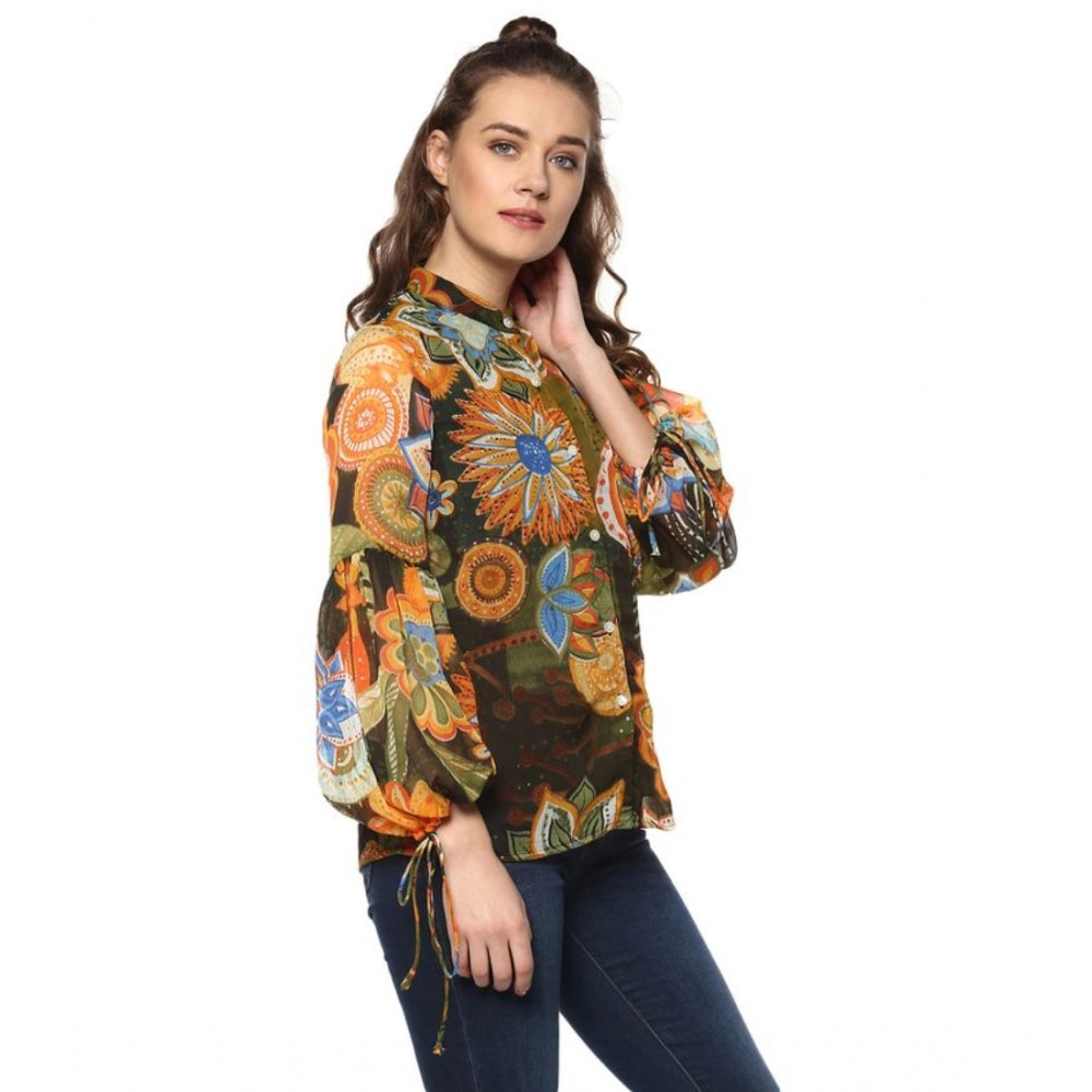 Sophisticated Polyester Floral Balloon Sleeve Top