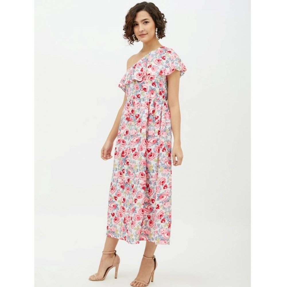 Appealing Polyester Floral One Shoulder Calf length Dress