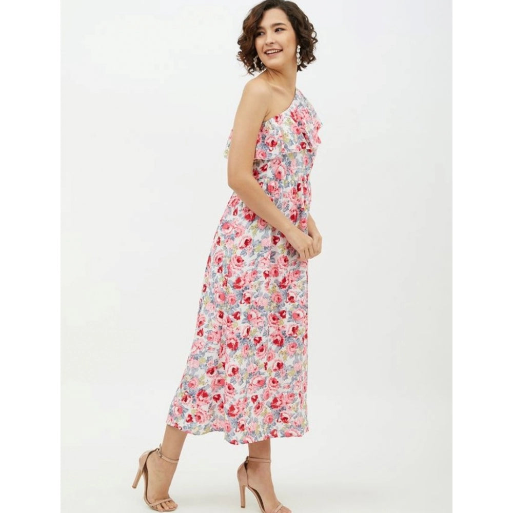 Appealing Polyester Floral One Shoulder Calf length Dress