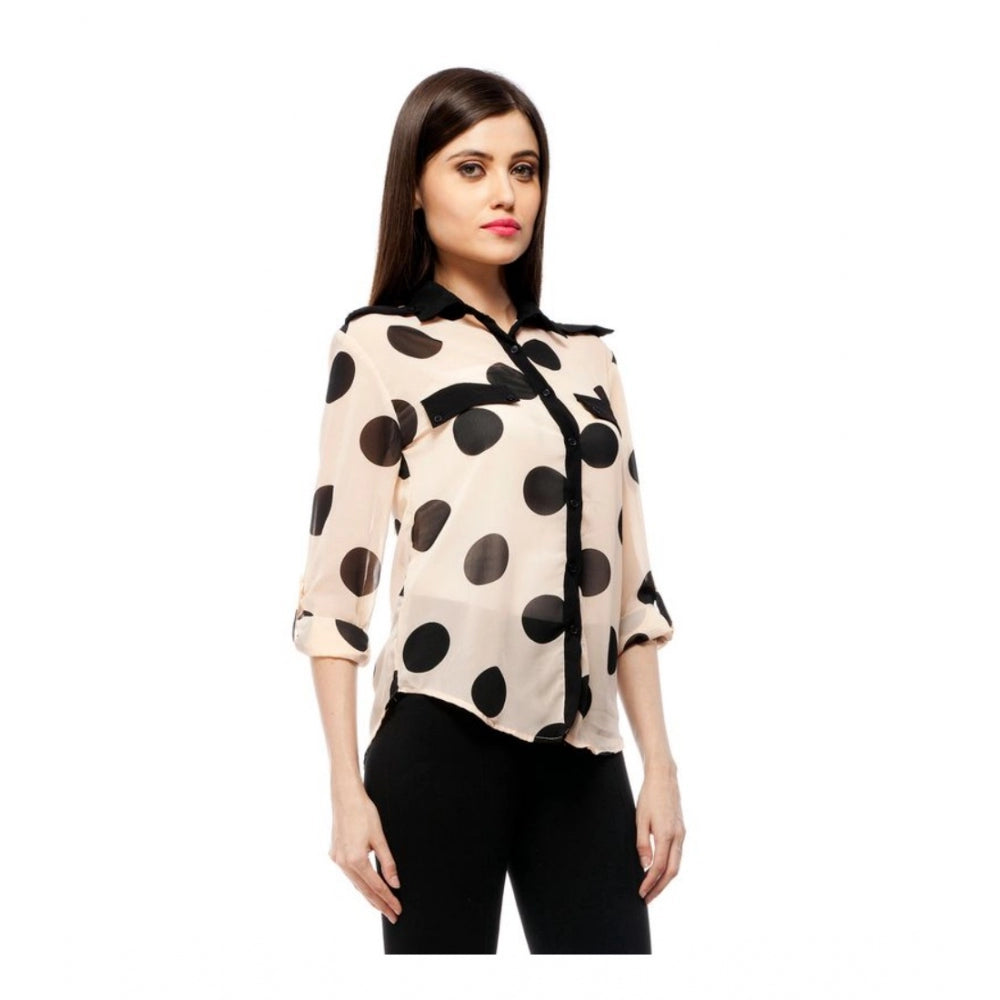 Dashing Polyester Polka Roll Up Sleeve Standard Length Shirt