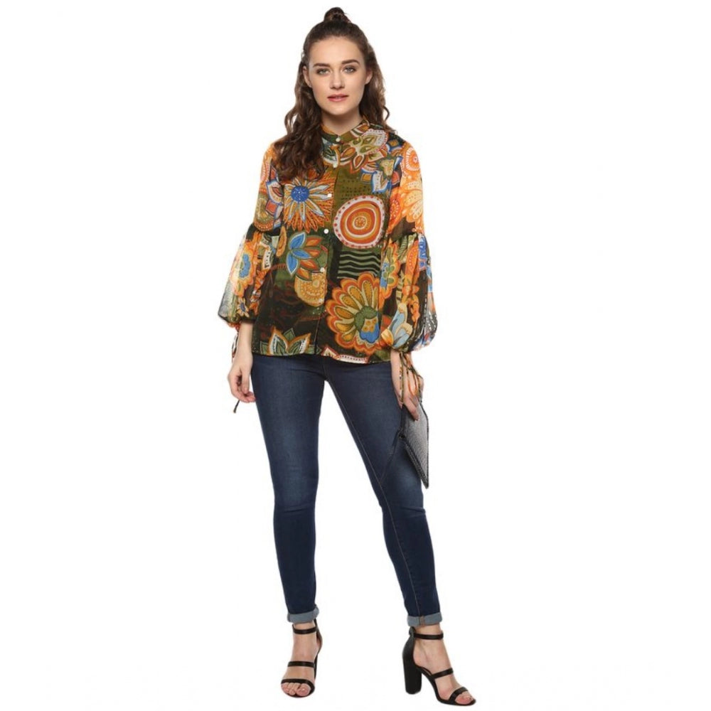 Sophisticated Polyester Floral Balloon Sleeve Top