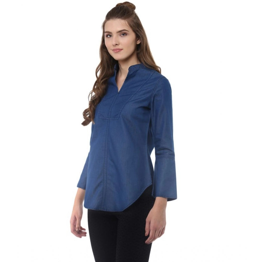 Superb Denim Solid Bell Sleeve Regular Top