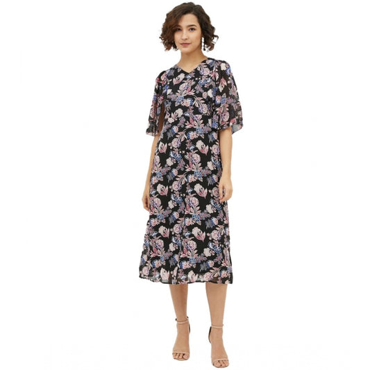 Incredible Polyester Chain Printed Cap Sleeve Calf length Dress