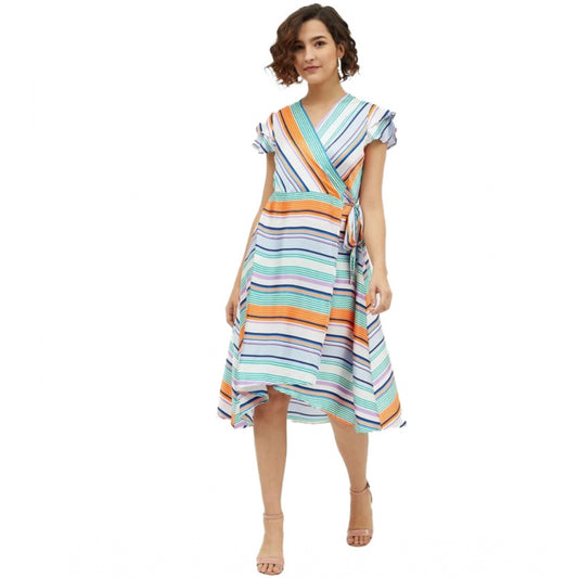 Snazzy Satin Striped Short Sleeve Knee Length Dress