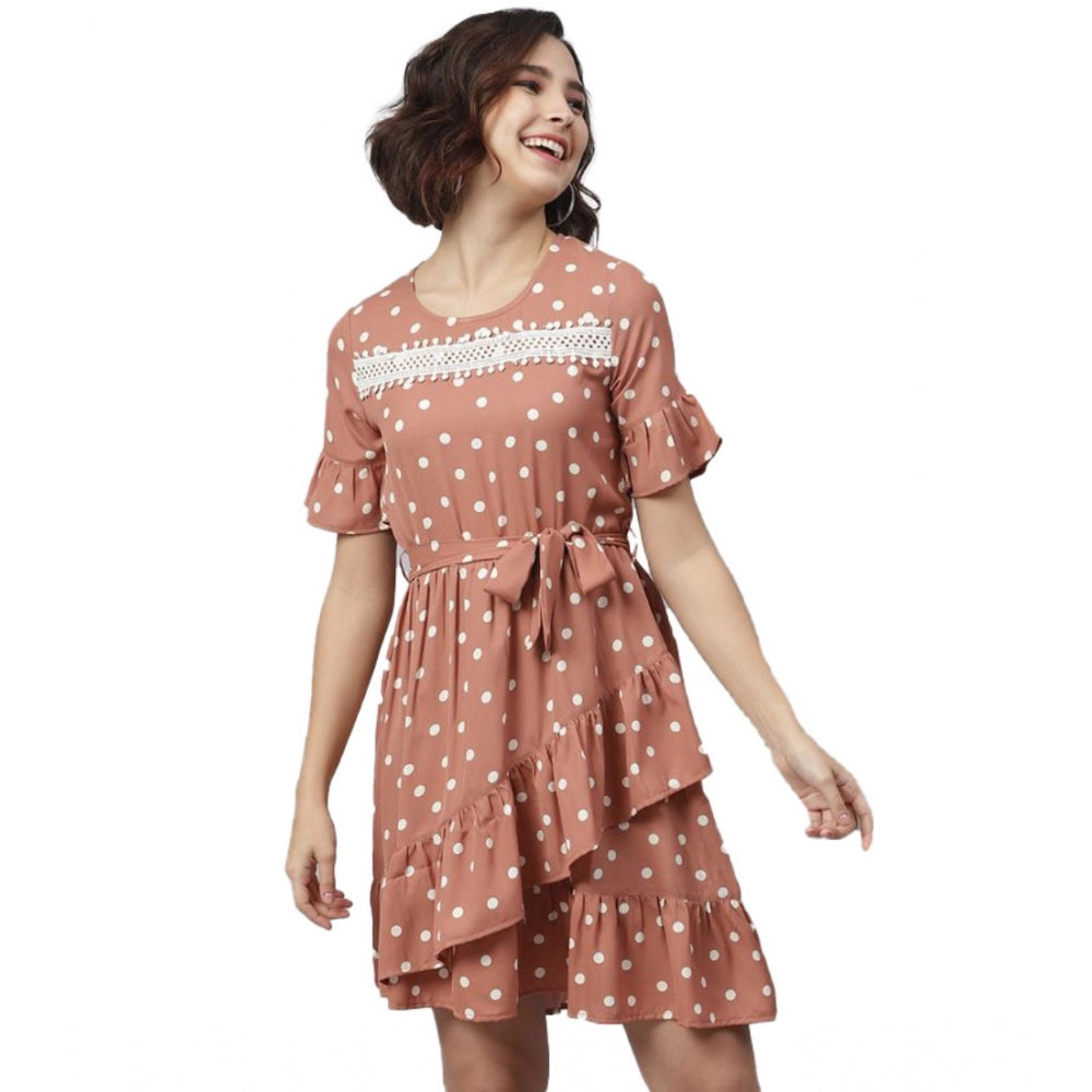 Dashing Polyester Polka Bell Sleeve Above Knee Dress