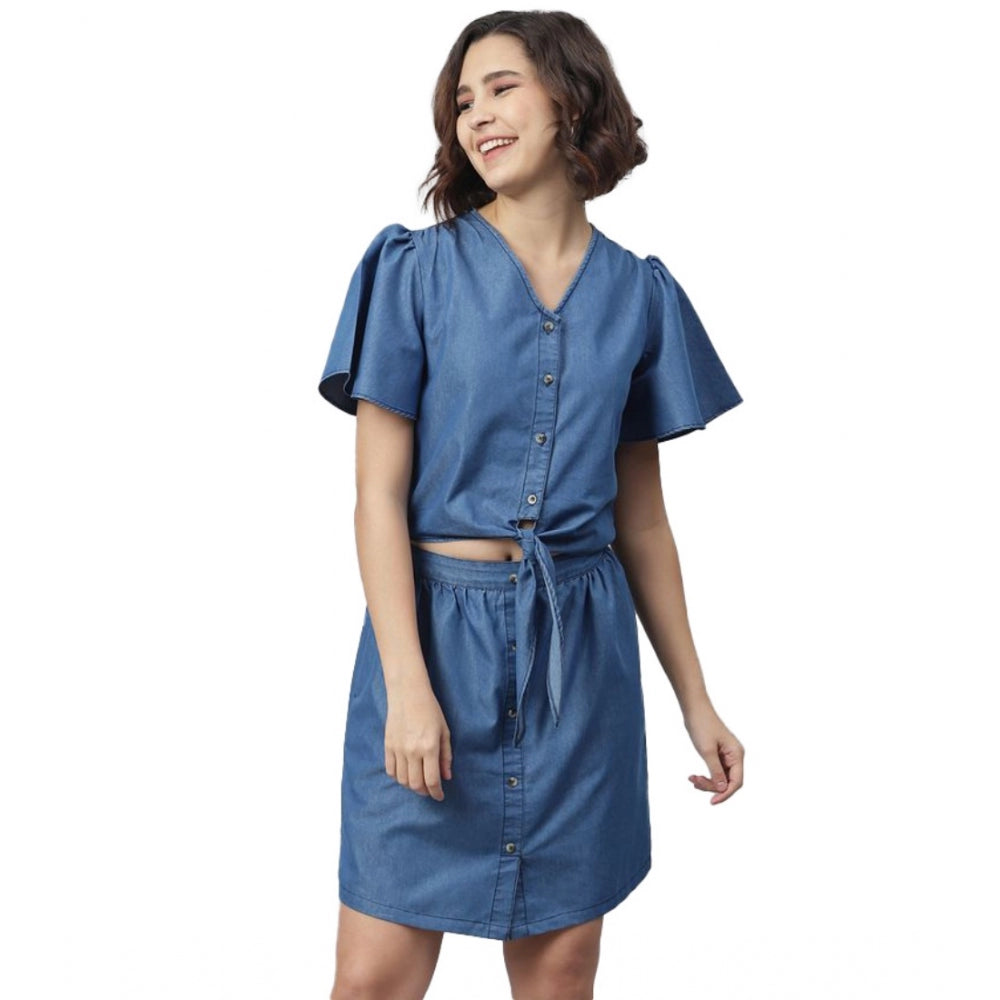 Glorious Denim Solid Flutter Above Knee Dress