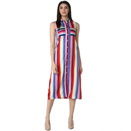 Modish Polyester Striped Sleeveless Calf length Dress