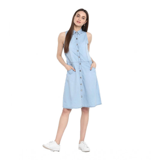 Glorious Denim Solid Sleeveless Below Knee Dress