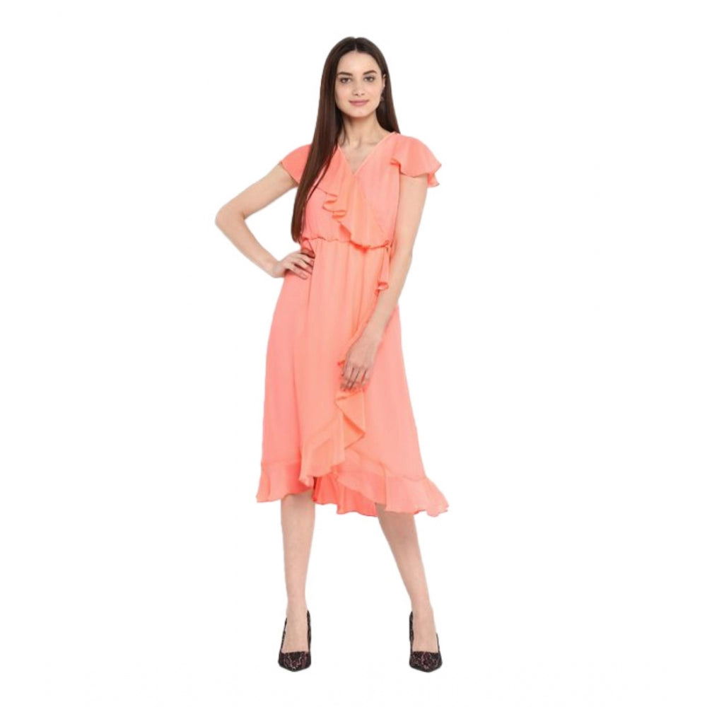 Luxurious Polyester Ruffled Cap Sleeve Below Knee Dress