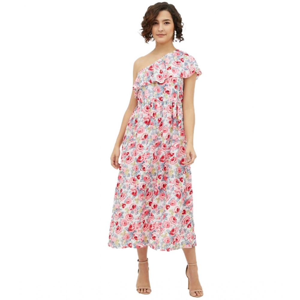 Appealing Polyester Floral One Shoulder Calf length Dress