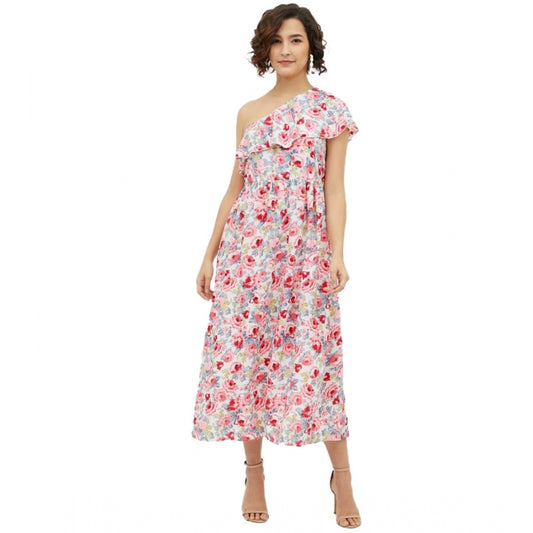 Appealing Polyester Floral One Shoulder Calf length Dress