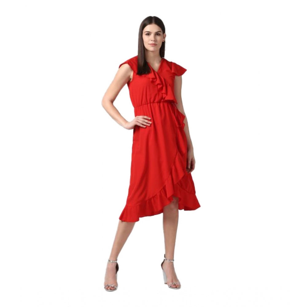 Luxurious Polyester Ruffled Cap Sleeve Knee Length Dress