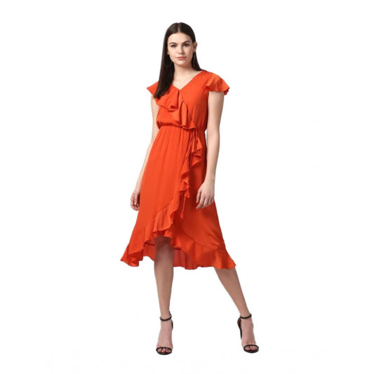 Luxurious Polyester Ruffled Cap Sleeve Knee Length Dress