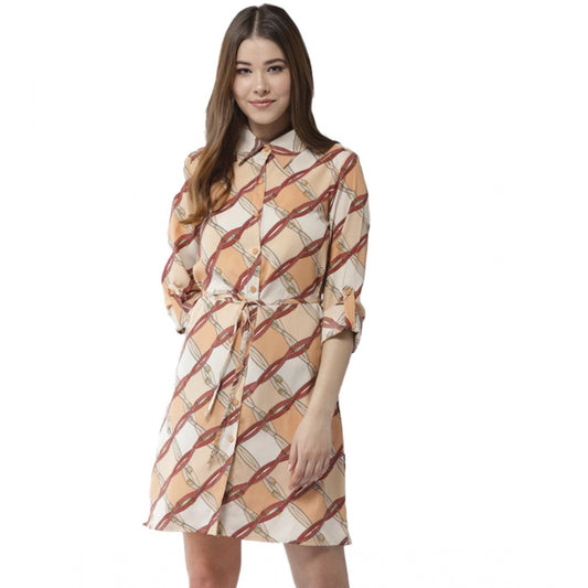 Luxurious Polyester Printed Roll Up Sleeve Above Knee Dress