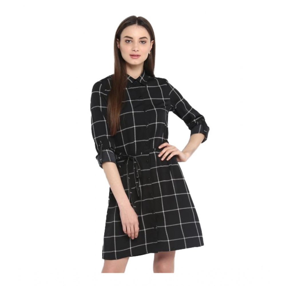 Sophisticated Polyester Checkered Roll Up Sleeve Above Knee Dress