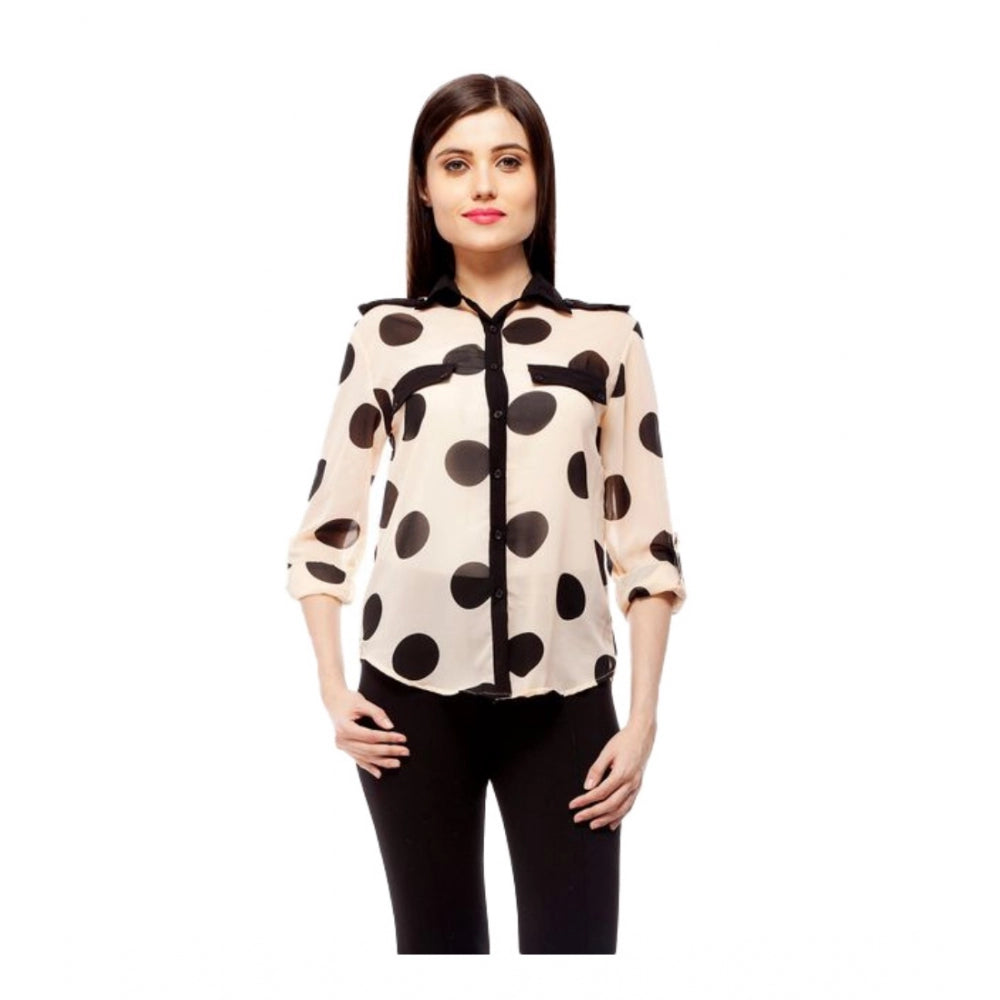 Dashing Polyester Polka Roll Up Sleeve Standard Length Shirt