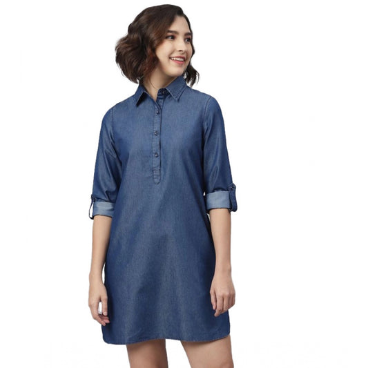 Glorious Denim Solid Long Sleeves Above Knee Dress