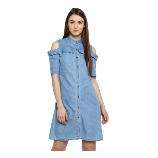 Glorious Denim Solid Cold Shoulder Above Knee Dress