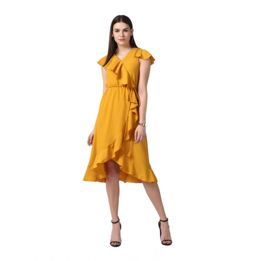 Luxurious Polyester Ruffled Cap Sleeve Knee Length Dress